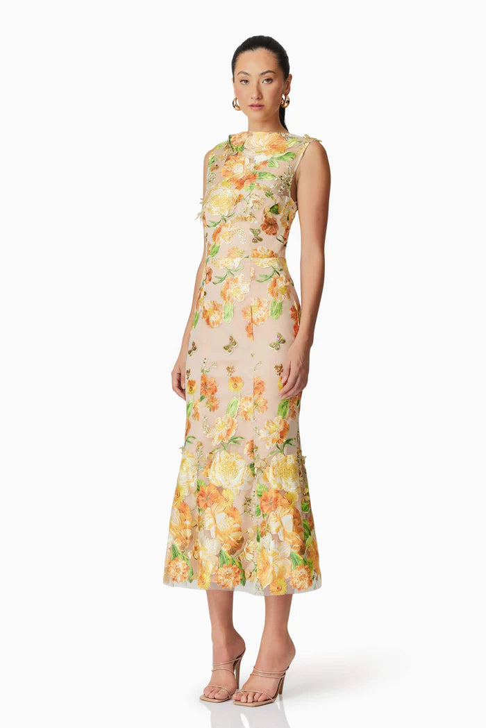 elsie 3d floral embroidered midi dress in yellow
