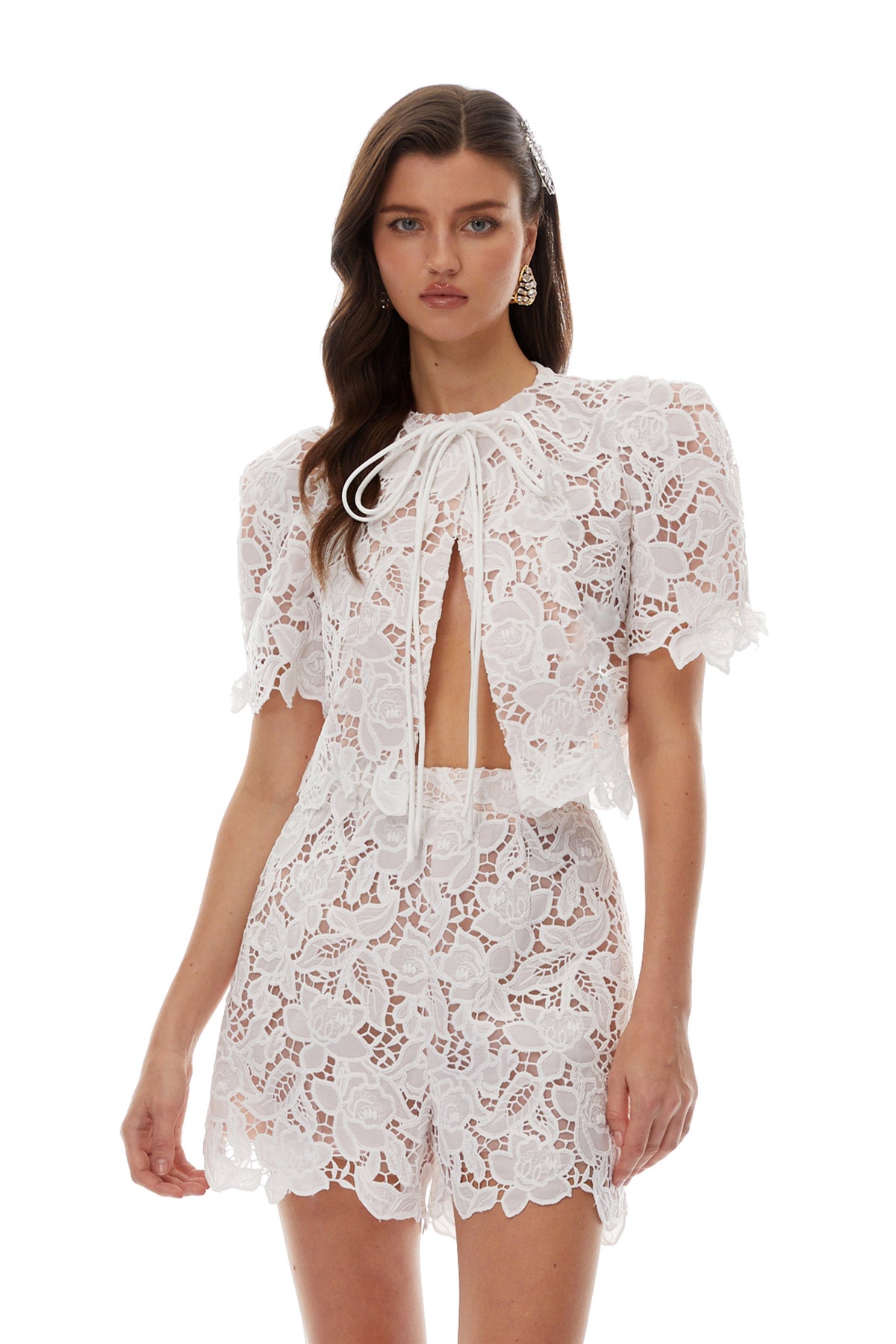 kelly White hollow Lace Top & Short Set