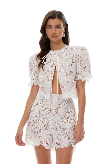 kelly White hollow Lace Top & Short Set