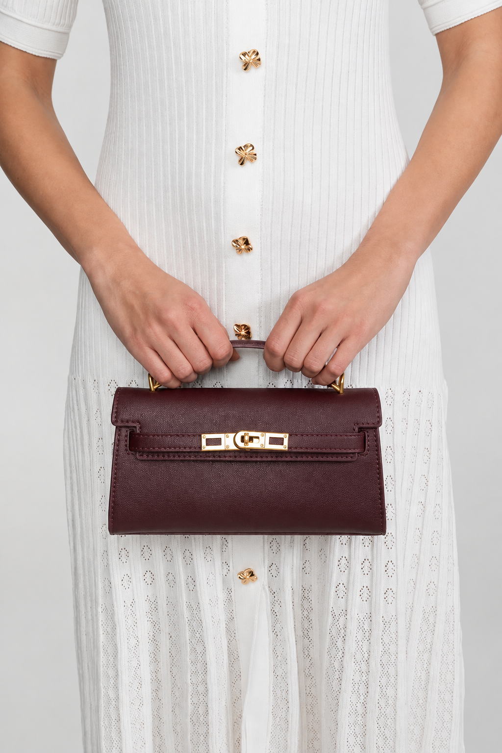Structured Kelly-Style Mini Bag With Gold-Tone Hardware - Burgundy