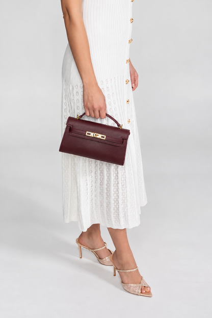 Structured Kelly-Style Mini Bag With Gold-Tone Hardware - Burgundy