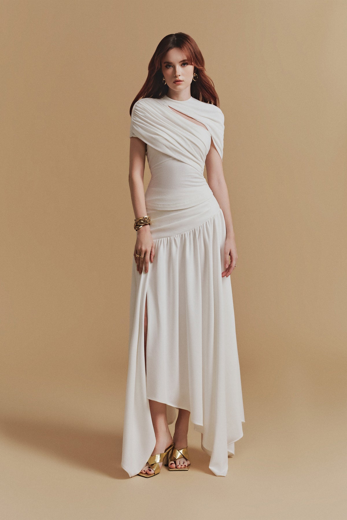 CASSIA Asymmetrical ruched top Midi Skirt set in white