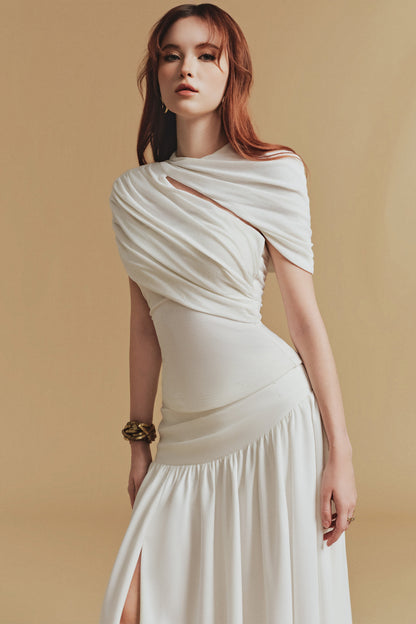 CASSIA Asymmetrical ruched top Midi Skirt set in white