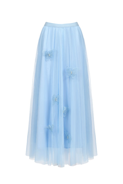yvette blue Long Sleeve Folds Lace Butterfly Top And Skirt Two-Piece Set