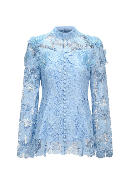 yvette blue Long Sleeve Folds Lace Butterfly Top And Skirt Two-Piece Set