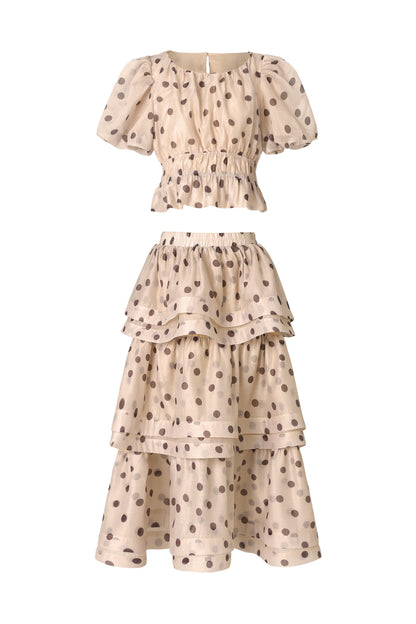 damla beige Puff Sleeves Dot Printed Top And Skirt Two-Piece Set