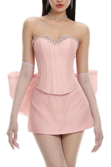 back bowknot embellished skirt suit in pink