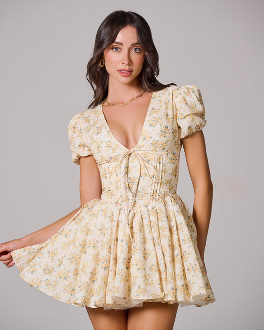 CARLOTTA Floral Pleated Mini Dress