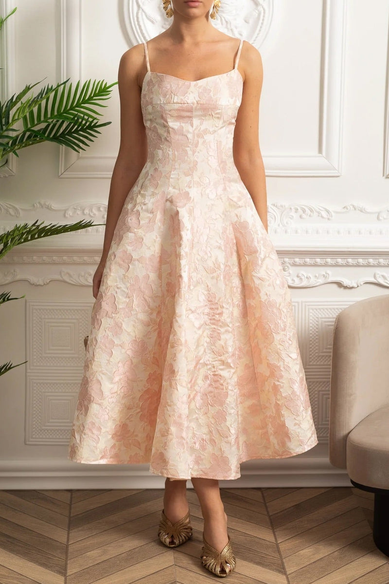 alyssa Jacquard Floral Motif Midi Dress in pink