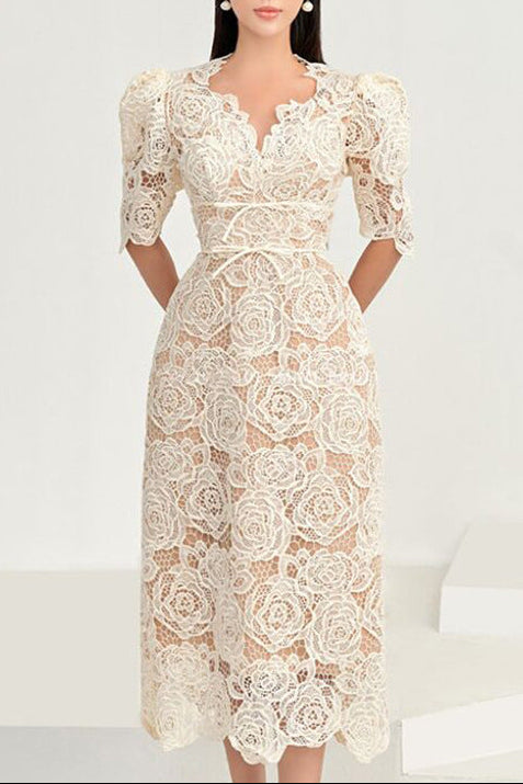 Martha Puff Sleeve 3D Rose Lace Midi Dress