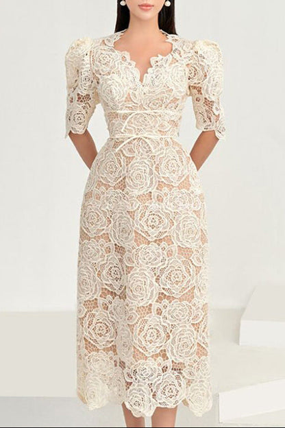 Martha Puff Sleeve 3D Rose Lace Midi Dress