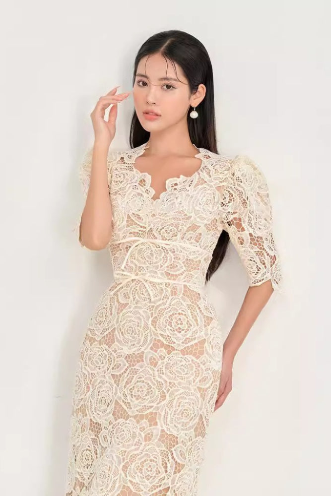 Martha Puff Sleeve 3D Rose Lace Midi Dress