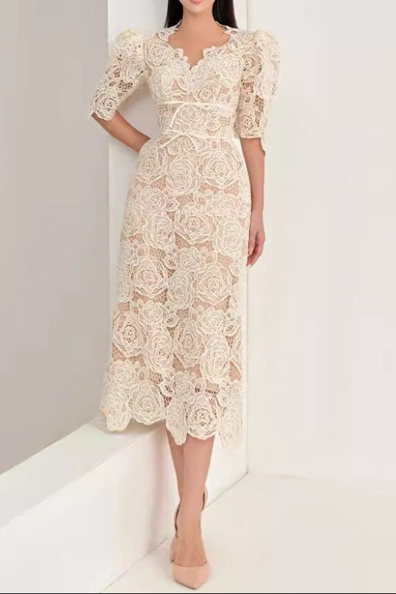 Martha Puff Sleeve 3D Rose Lace Midi Dress