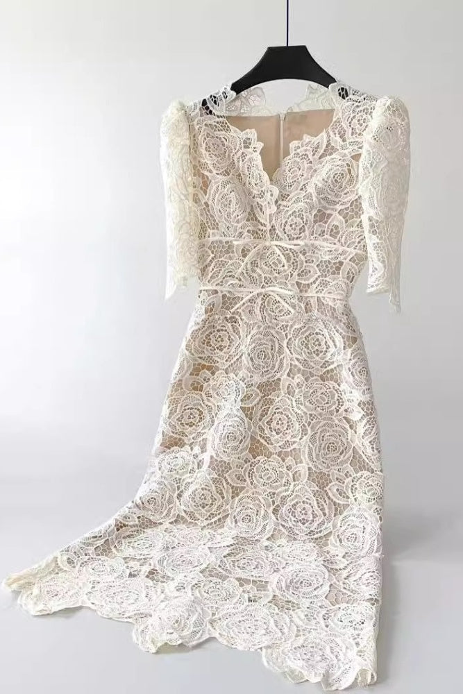 Martha Puff Sleeve 3D Rose Lace Midi Dress