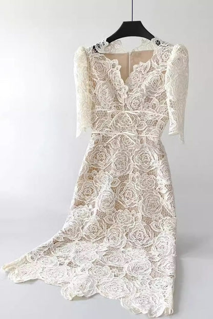 Martha Puff Sleeve 3D Rose Lace Midi Dress