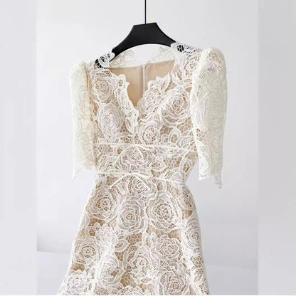 Martha Puff Sleeve 3D Rose Lace Midi Dress