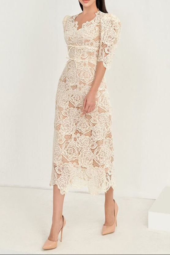 Martha Puff Sleeve 3D Rose Lace Midi Dress
