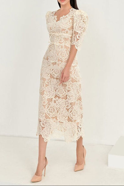 Martha Puff Sleeve 3D Rose Lace Midi Dress