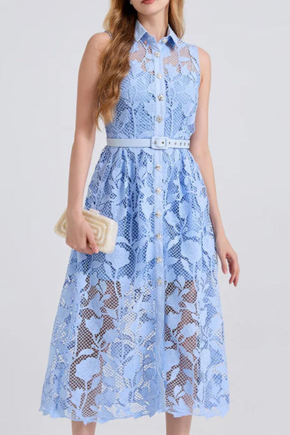 NECKLINE SLEEVELESS PINCHED WAIST MIDI DRESS IN BLUE
