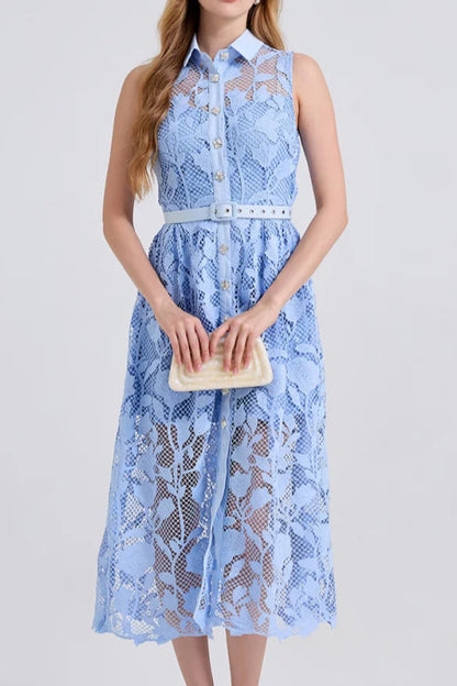NECKLINE SLEEVELESS PINCHED WAIST MIDI DRESS IN BLUE