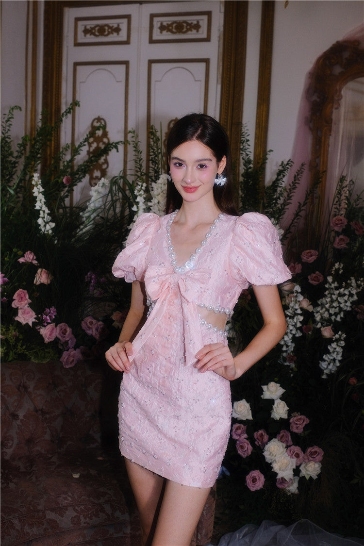 Pearl Diamond Decorated Bubble Sleeve Jacquard Embroidery Dress