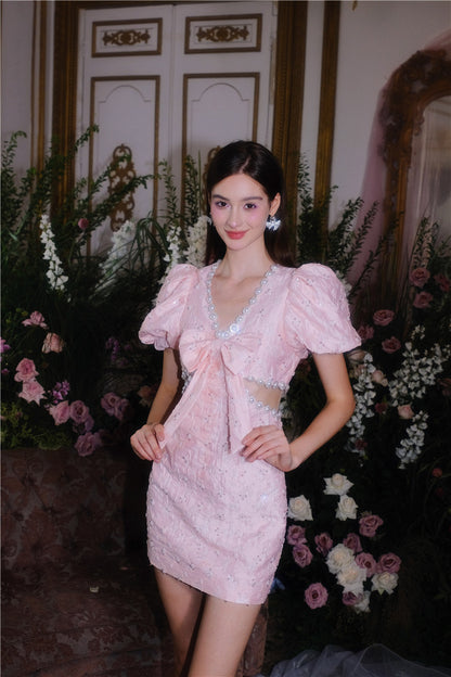Pearl Diamond Decorated Bubble Sleeve Jacquard Embroidery Dress