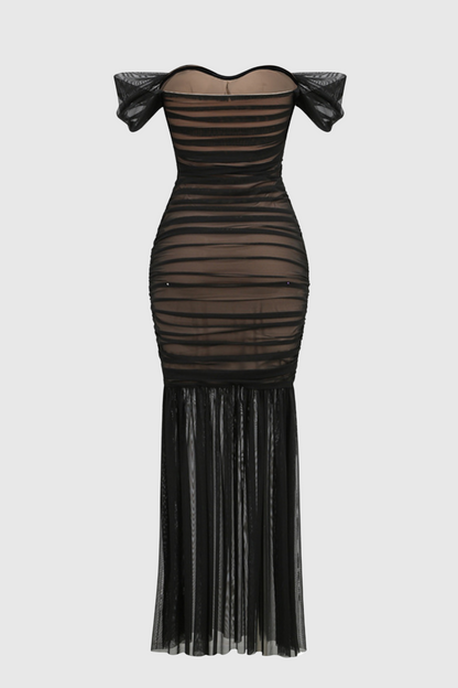 Cadhla Off Shoulder Ruched Mesh Maxi Dress