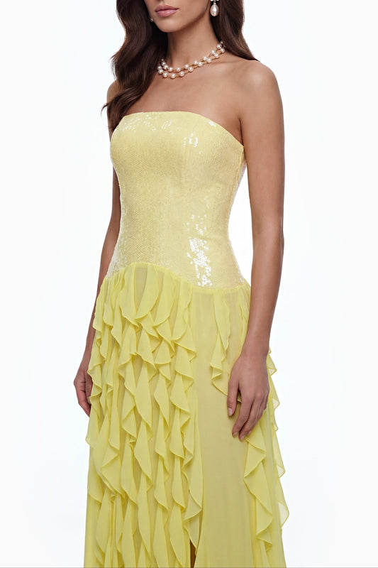 florence Off-Shoulder ruffle Slit Maxi Dress in Yellow