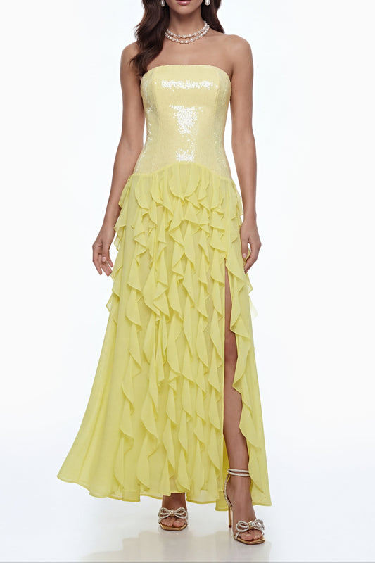 florence Off-Shoulder ruffle Slit Maxi Dress in Yellow