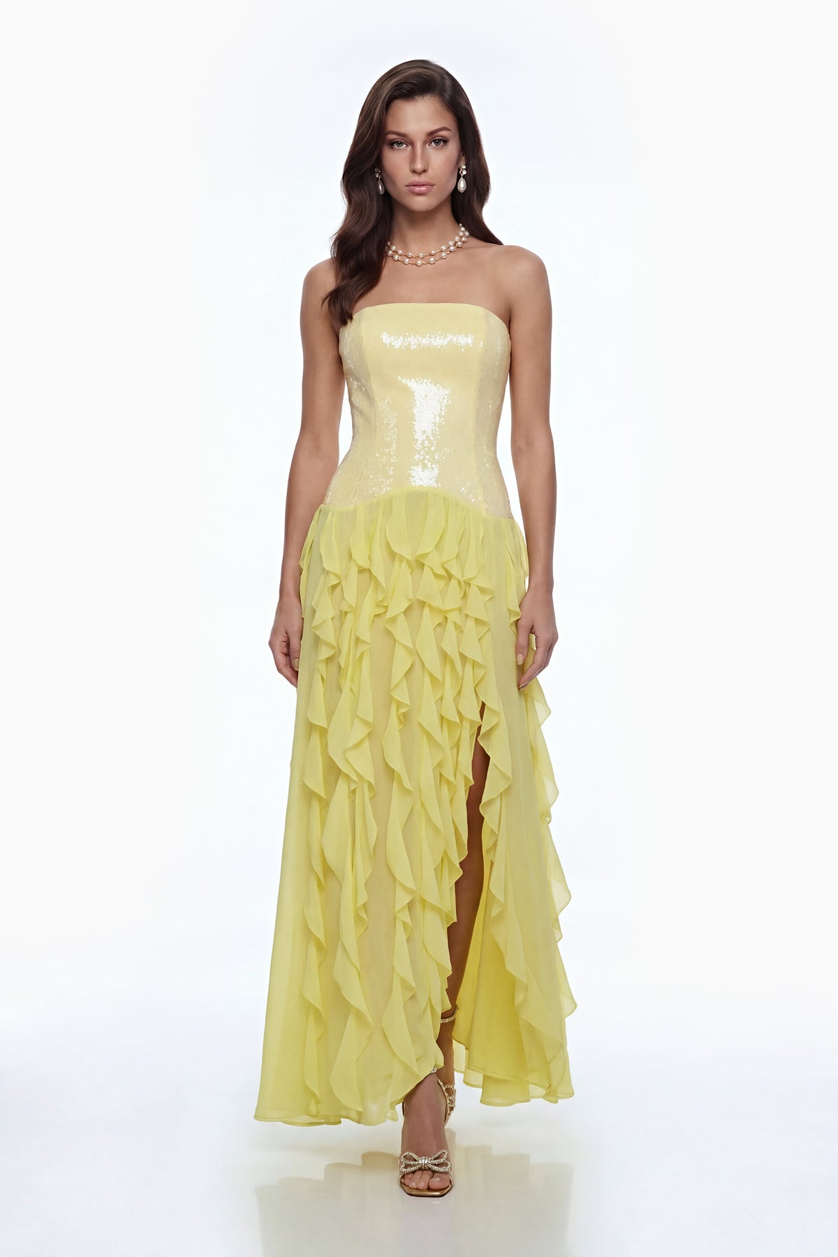 florence Off-Shoulder ruffle Slit Maxi Dress in Yellow
