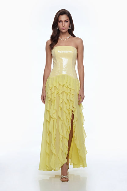 florence Off-Shoulder ruffle Slit Maxi Dress in Yellow
