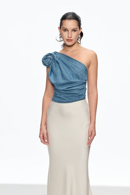 florence one Shoulder Flower Top in blue