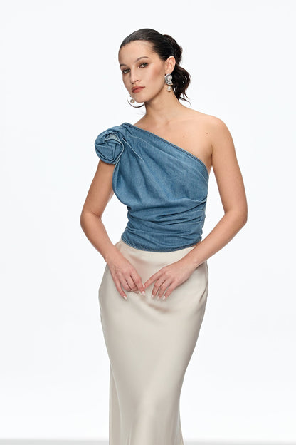 florence one Shoulder Flower Top in blue