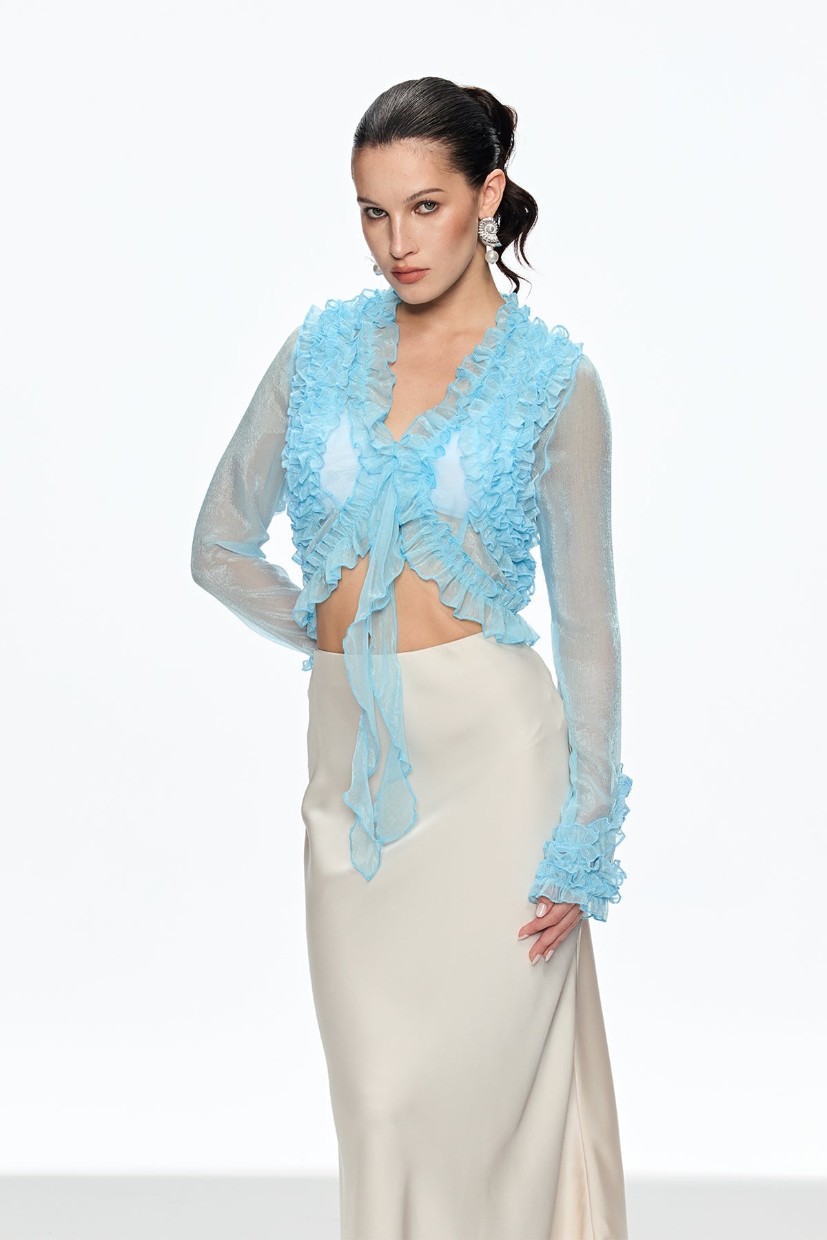 eudora Ruffle Plunge Lace Up Top in blue