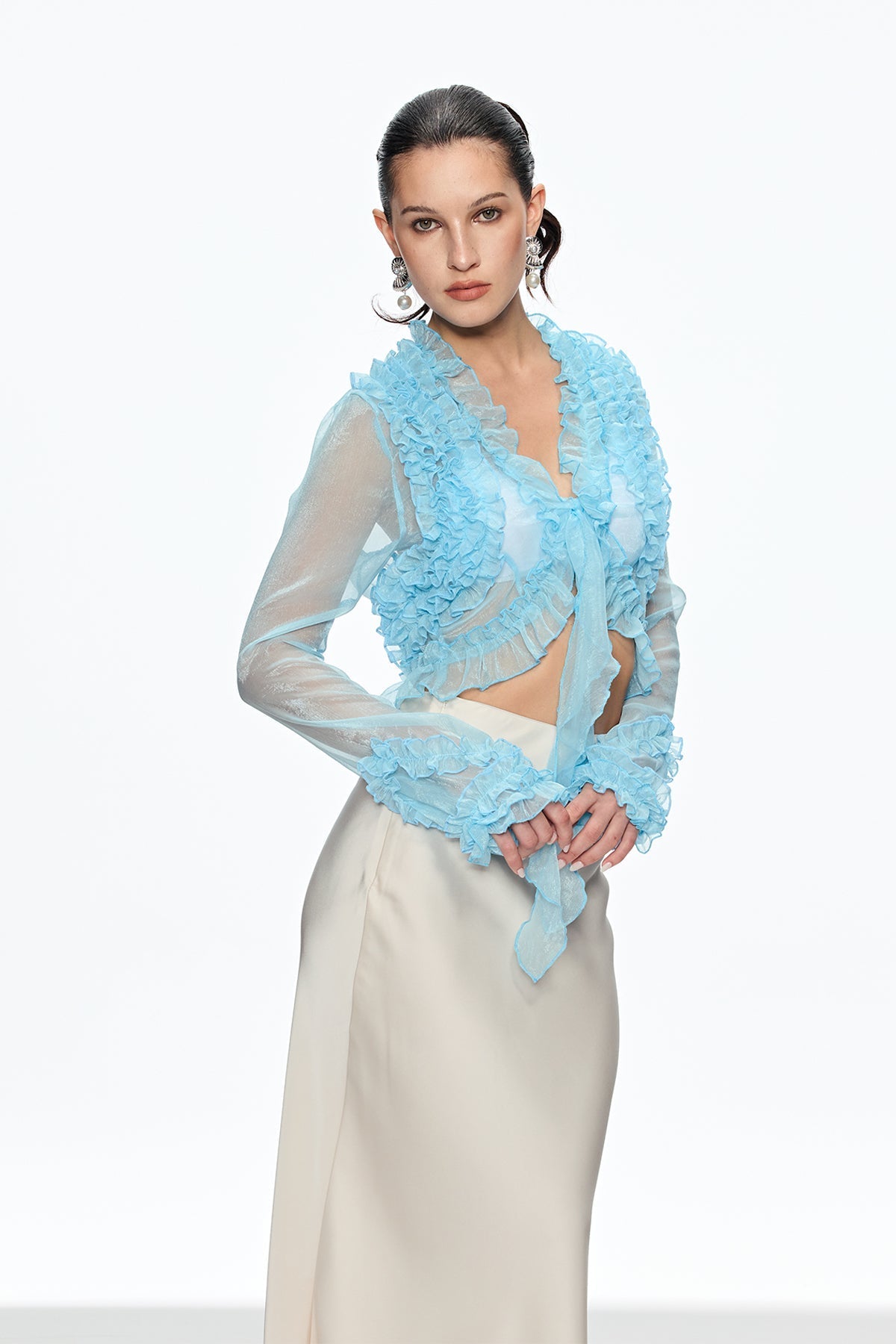 eudora Ruffle Plunge Lace Up Top in blue