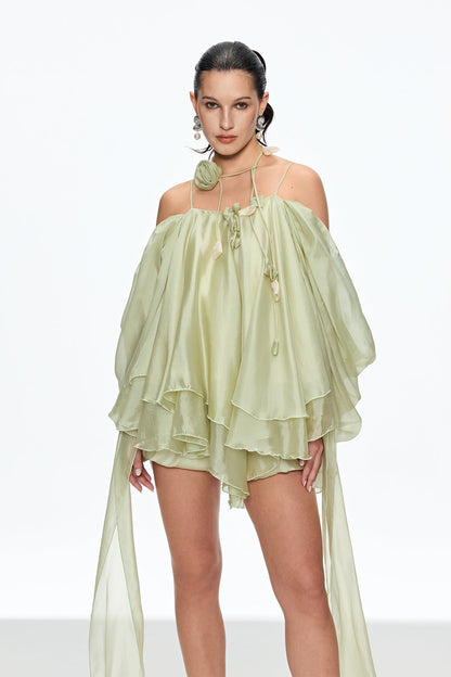 alisa Ruffle Lace Up Fringe Mini Dress in green