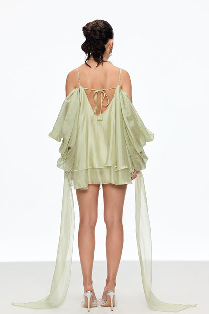alisa Ruffle Lace Up Fringe Mini Dress in green
