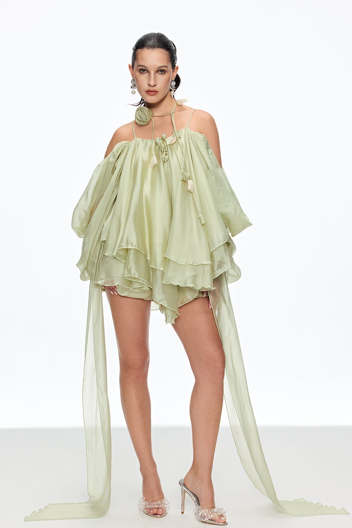 alisa Ruffle Lace Up Fringe Mini Dress in green