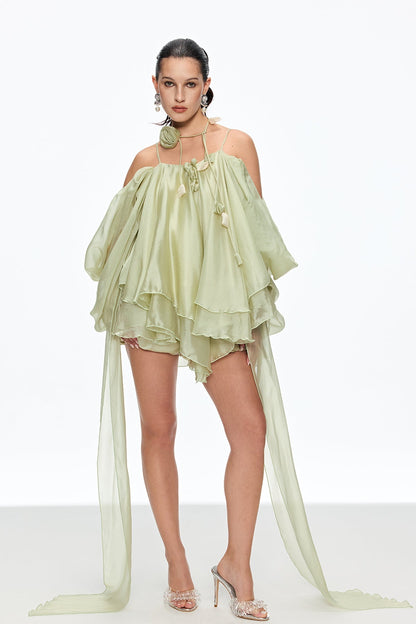 alisa Ruffle Lace Up Fringe Mini Dress in green