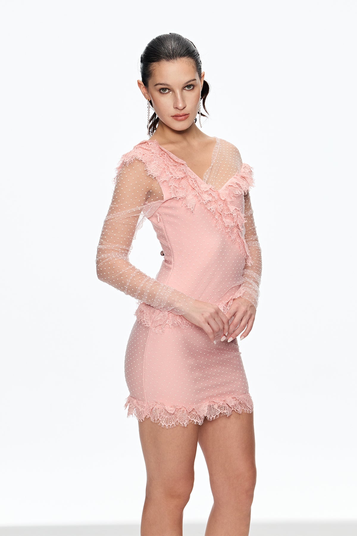 aurora Mesh Dot Ruch Mini Dress