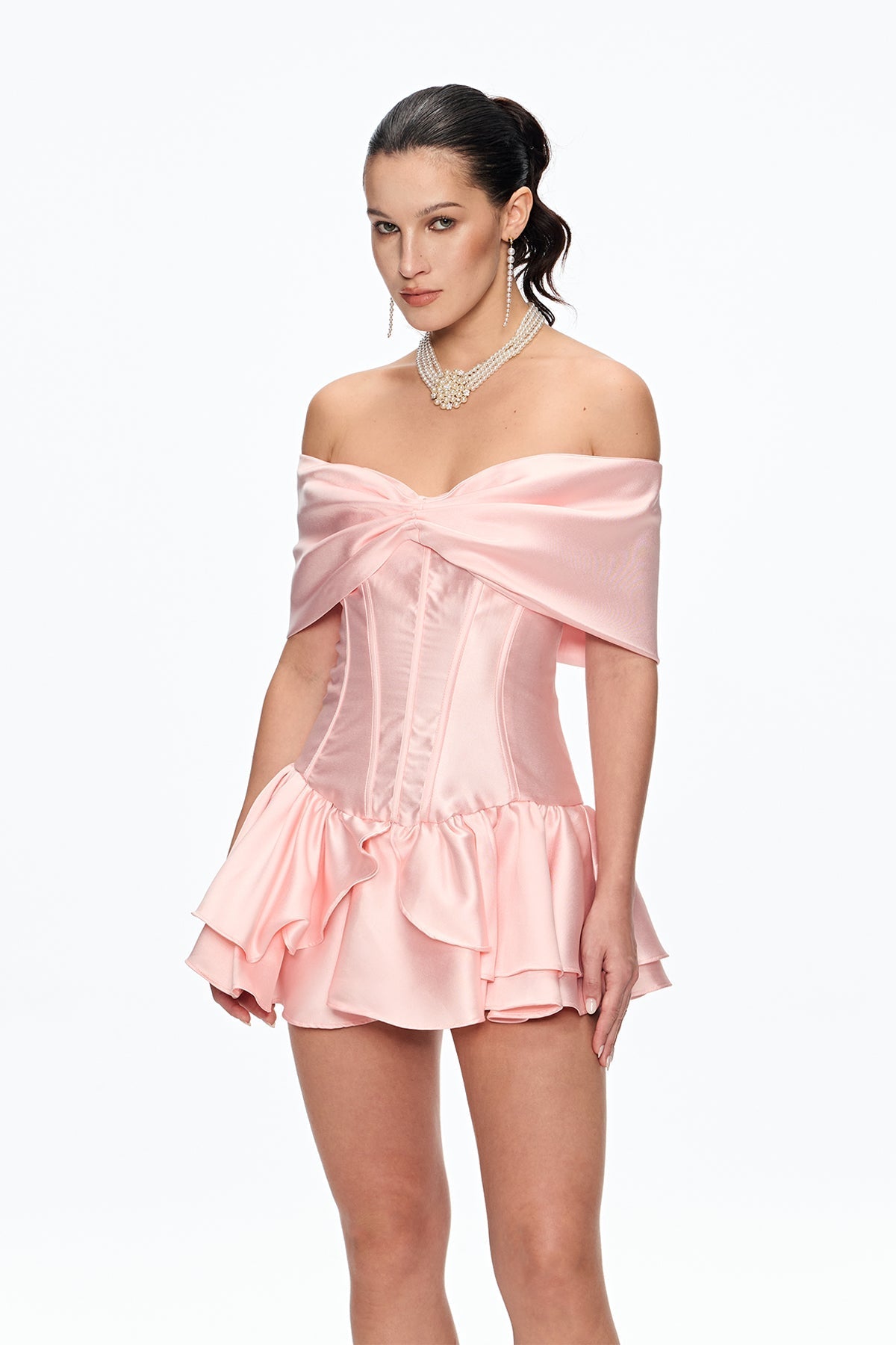 alisa Corset Bow Ruffle Satin Mini Dress