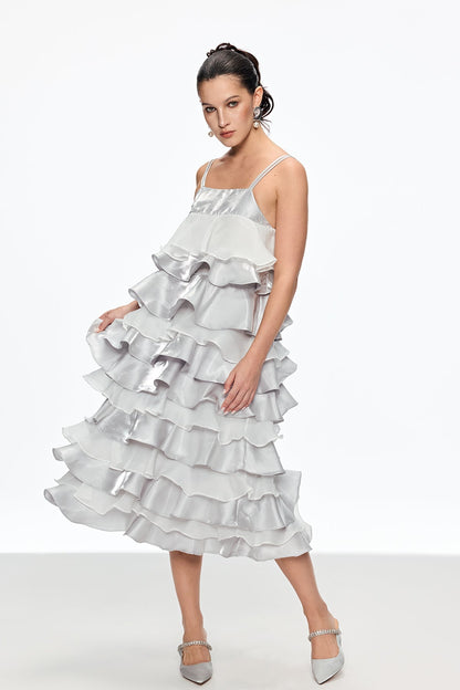 griselda Ruffle Spaghetti Midi Dress in silver
