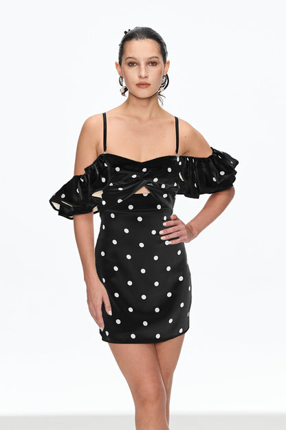 hermosa Dot Off Shoulder Mini Dress In Black
