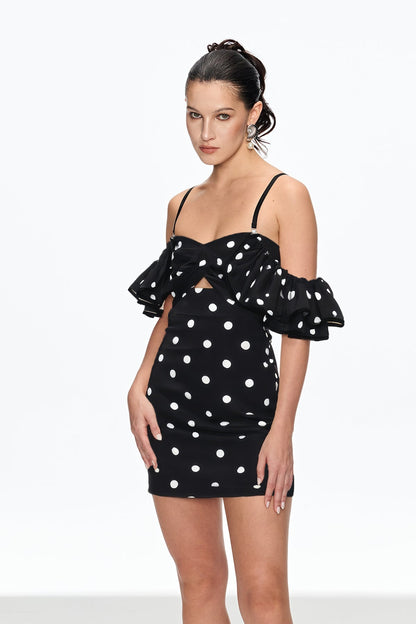 hermosa Dot Off Shoulder Mini Dress In Black