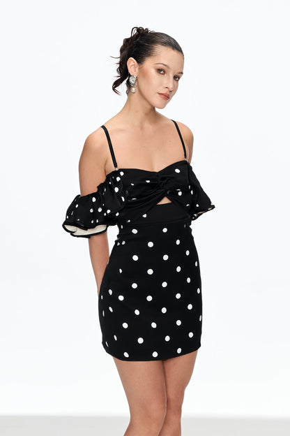 hermosa Dot Off Shoulder Mini Dress In Black