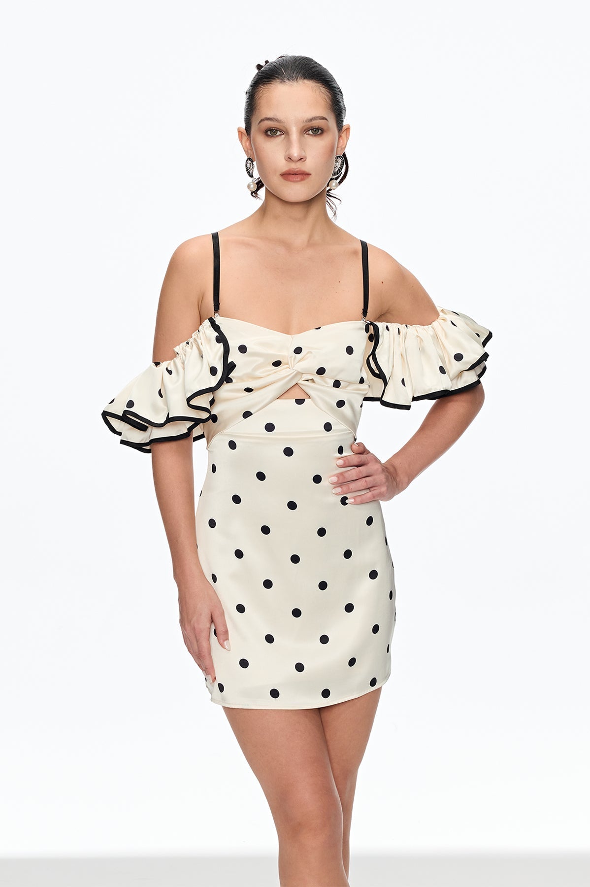 hermosa Dot Off Shoulder Mini Dress In White
