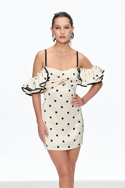 hermosa Dot Off Shoulder Mini Dress In White