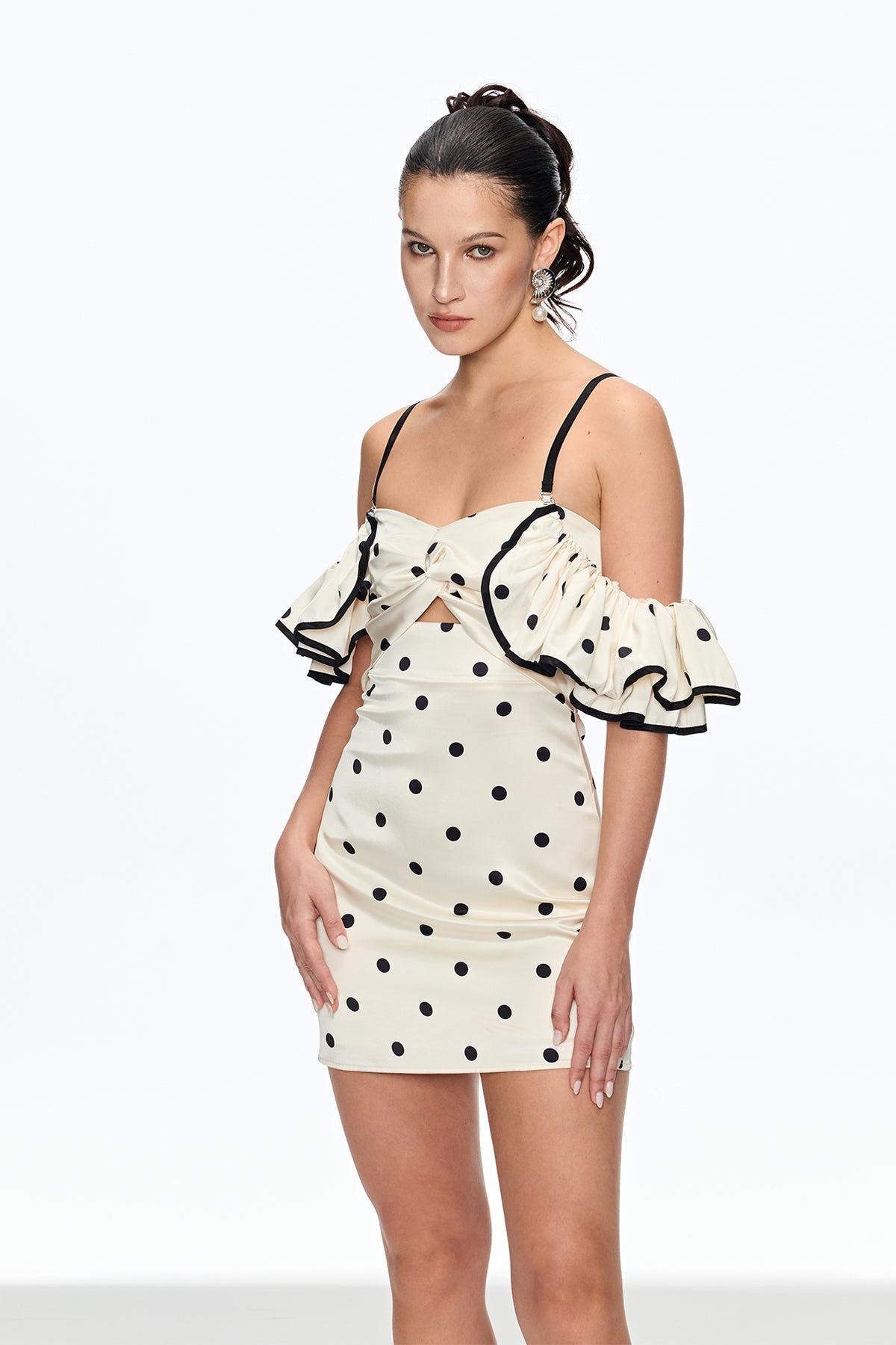 hermosa Dot Off Shoulder Mini Dress In White