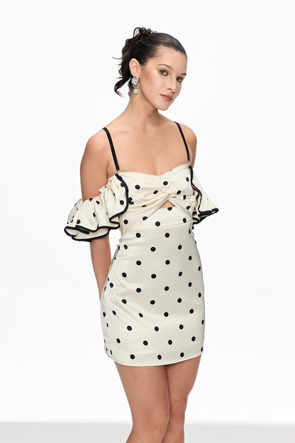 hermosa Dot Off Shoulder Mini Dress In White