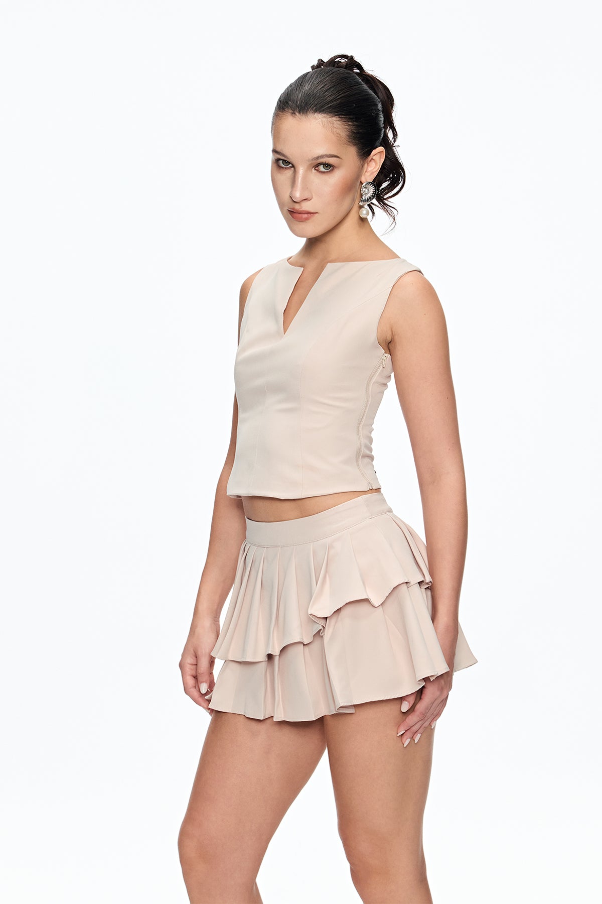 elvira Sleeveless Ruffle Skirt Set in beige